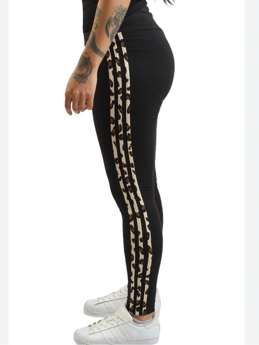 adidas Black Leggings with Tan Leopard-Print Side Stripes